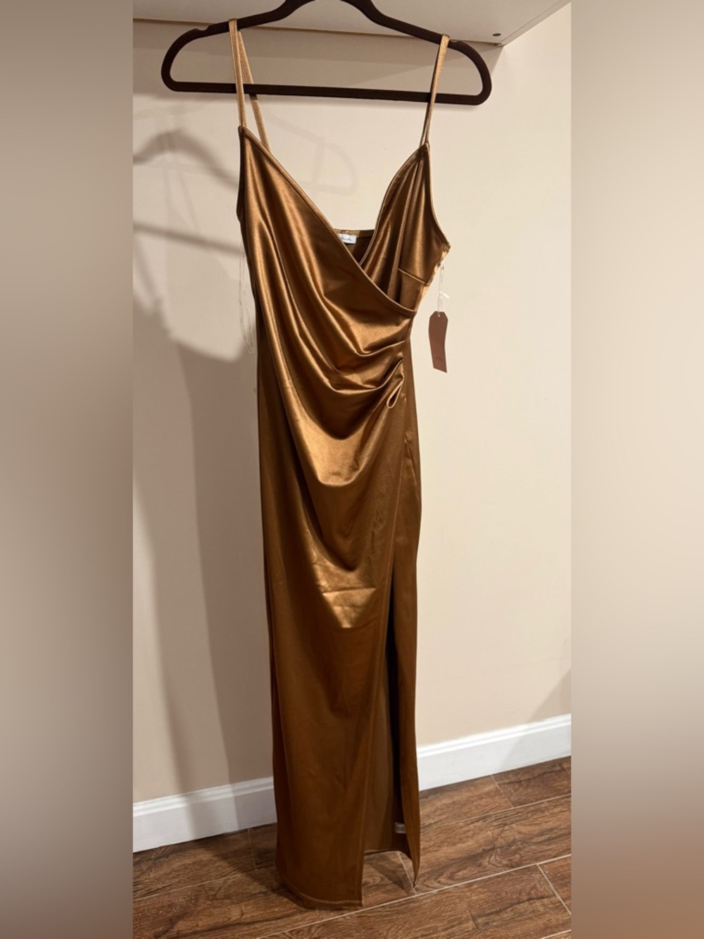 Elegant Bronze Satin Strapless Slip Dress